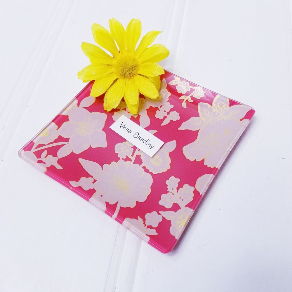 Vera Bradley Trinket Tray Pink Yellow Floral Glass Jewelry Holder. Home Decor